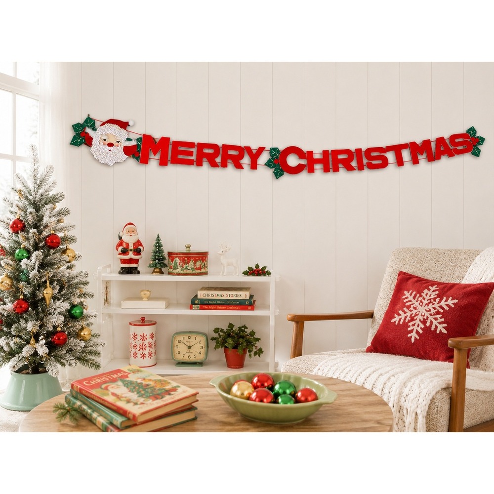 Vintage Kitshmas Red Velvet Santa Claus Christmas Garland Sequined Beaded 70s